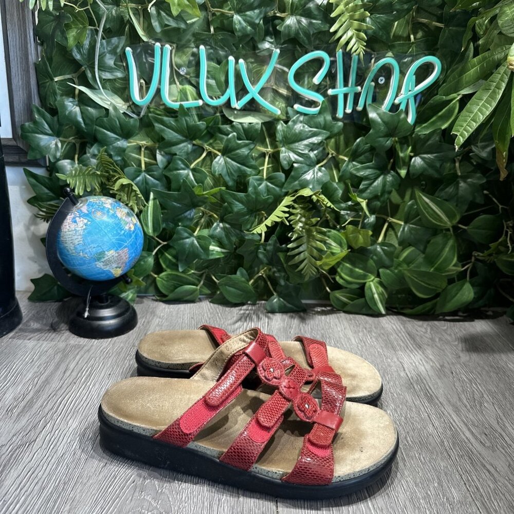 SAS Womens Naples Red Snake Slide Sandals Womens 7.5 M Leather Flower Detail